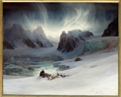 Baía de Magdalena vista da Tumba da Península, North Spitsbergen. Efeito da Aurora boreal. Óleo sobre tela, 1,30 x 1,63 m. - “” Magdalena Bay, vista tirada da península de túmulos ao norte de Spitzberg, efeito da aurora boreale ”” Pintura de François Augus de François Auguste Biard