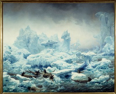 Vista do oceano gelado, pesca da morsa pela Gronelândia Pintura de François Auguste Biard (1799-1882) 1841 Sol. 1,3x1,63 m Dieppe, musee du chateau - Pesca da Morsa no Oceano Ártico. Vista para o Mar Polar, Gronelândia caçando morsas. Pintura por de François Auguste Biard