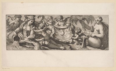 Putto com coração queimado e perfurado perto de um par de ninfas de água
Figuras mitológicas à beira-mar (título da série) de François Bignon