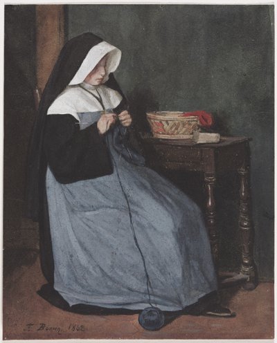 Uma freira sentada em uma mesa de tricô de François Bonvin