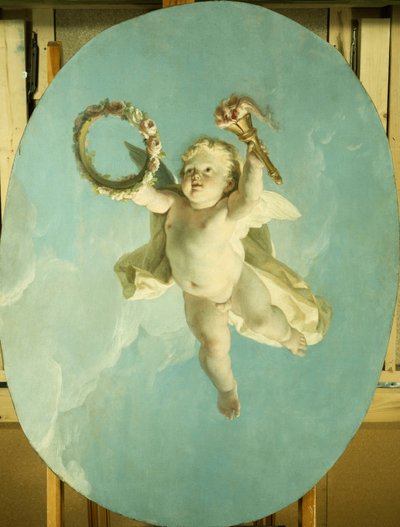 Um Putti em voo segurando uma coroa de flores e uma tocha, de François Boucher