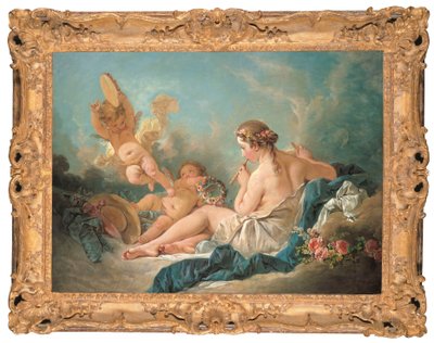 Uma ninfa reclinada tocando flauta com Putti, talvez a musa Euterpe, 1752 de François Boucher