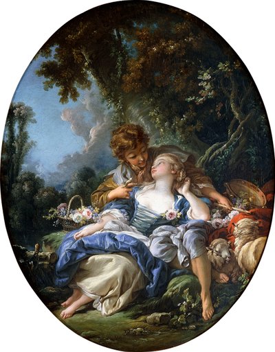 Um pastor e uma pastora em Dalliance em uma paisagem arborizada, 1761 de François Boucher