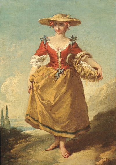 Uma camponesa numa paisagem carregando um cesto de ovos (óleo sobre tela) de François Boucher