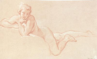 Estudo nu de uma mulher deitada nas nuvens, o queixo apoiado na mão esquerda de François Boucher
