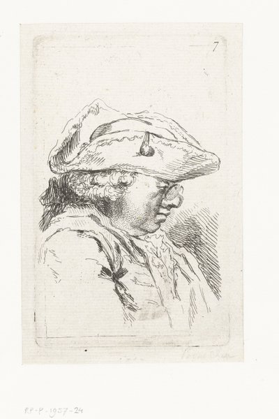 Cabeça de um homem com óculos e tricorne Conjunto de pequenas peças de gênero e títulos (título da série) de François Boucher