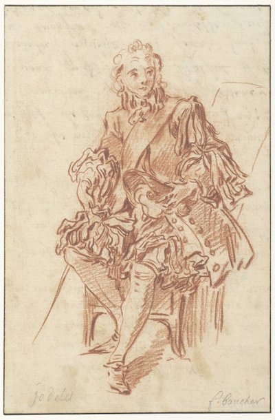 Jodelet sentado em uma cadeira Desenho para a ilustração de Les Précieuses Ridicules