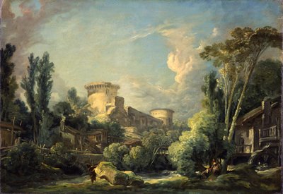 Paisagem com castelo e moinho, c.1765 de François Boucher