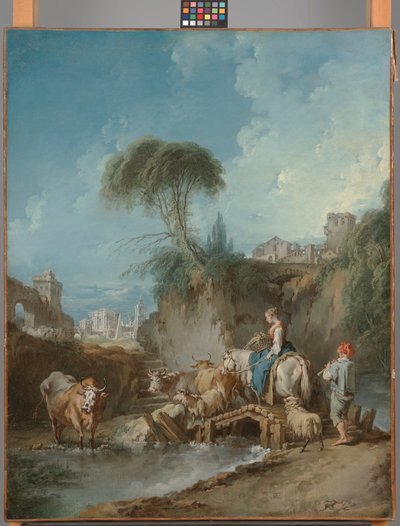 Paisagem com edifícios distantes e uma mulher de rebanho de François Boucher