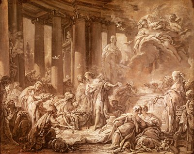 Psique Recebendo as Honras Divinas (estudo preparatório), c.1740 (pintura a óleo sobre papel montado sobre tela) de François Boucher