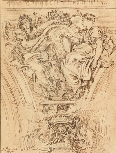 Decoração de tímpano:  Fama e Verdade Aplaudindo Luís XV de François Boucher