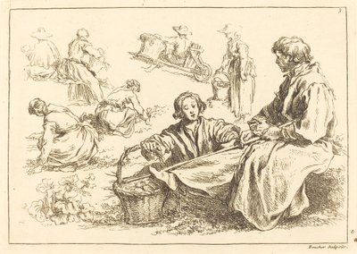 Estudos de figuras incluindo dois camponeses sentados de François Boucher after Abraham Bloemaert
