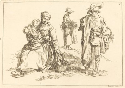 Mãe e filho sentados, dois camponeses em pé de François Boucher after Abraham Bloemaert