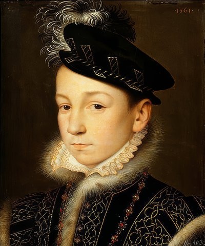 Rei Carlos IX da França (1550-1574), retrato de meio comprimento. 1561 de François Clouet