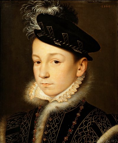 Retrato do Rei Carlos IX de França (1550-1574) - Francois Clouet (1510-1572). Óleo sobre madeira de François Clouet
