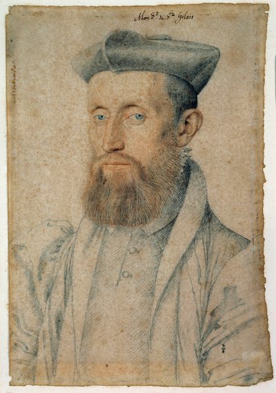 Retrato de Mellin de Saint-Gelais (ou Saint Gelais, Saint Gelays, Saint Gelays, Saint-Gelais, Saint-Gelais, Sainct Gelais) (1495-1558), poeta francês. Desenho com sangue e pedra preta por Clouet Francois (1515-1572), cerca de 1500. Chantilly, Musee Conde de François Clouet
