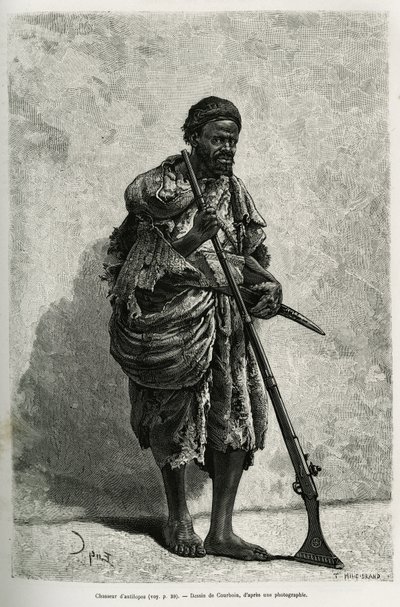 Caçador de antílopes. Gravura de Courboin, para ilustrar o Sahara argelino, de V.Largeau, em 1874-1878, publicada no Tour du monde, sob a direcção de Edouard Charton (1807-1890) de François Courboin