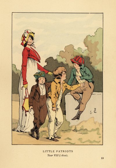 Rapazes de casacos e calças com Merveilleuse em roupão romano com capuz e casaco spencer. Pequenos Patriotas, Ano VIII de François Courboin