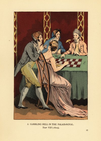 Incroyables da moda em jaquetas de colarinho alto em uma mesa de jogo com mulher jovem e croupier. Um inferno de jogo no Palais Royal, Ano VIII de François Courboin