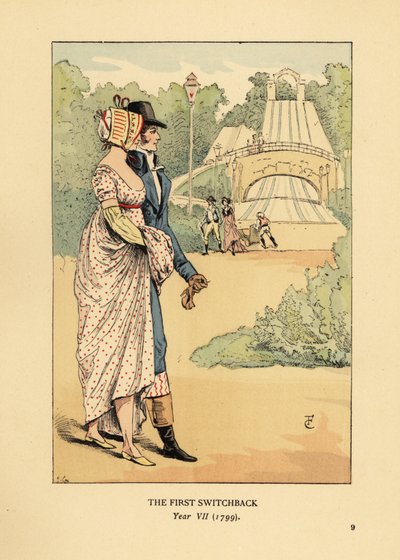 Casal da moda na montanha russa, Les Montagnes Russes a Belleville, construída em 1812. (O primeiro switchback, Ano VII de François Courboin