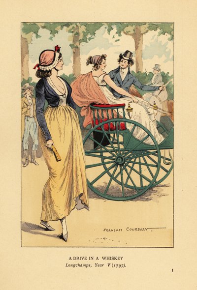 Casal da moda a conduzir numa carruagem de uísque de um cavalo ou num concerto em Longchamps, Paris, Ano V de François Courboin
