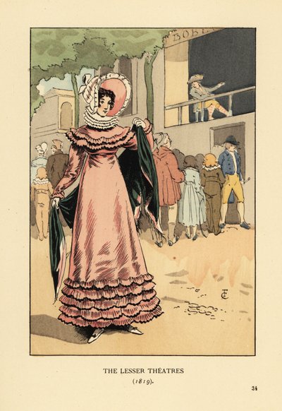 Mulher da moda em um show dramático ao ar livre. Os Teatros Menores de François Courboin