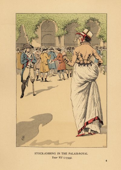 Mulher da moda com um grupo de especuladores ou agioteurs, Paris. Um soldado revolucionário de uma só perna fica de guarda. Trabalho de armazém no Palais Royal, Ano VII. de François Courboin