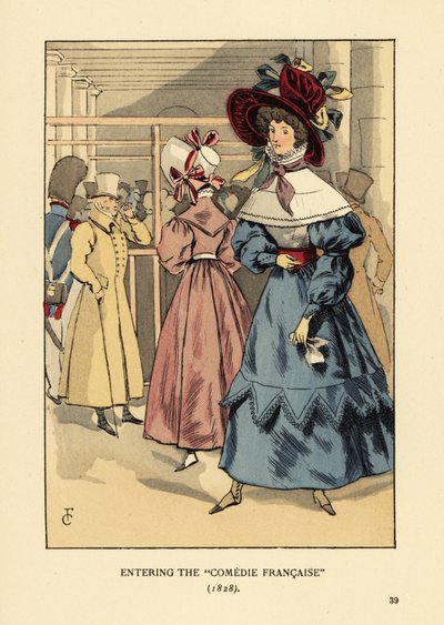 Mulheres da moda em uma peça, Paris. Mulher de chapéu grande com fitas, vestido com gola alta, capa de renda ou pelerine e manga cheia em boina. Entrando na Comedie Francaise de François Courboin