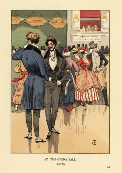 Fops em casaco com cauda, colete, calças justas e meias brancas. Pessoas com vestidos extravagantes e máscaras atrás deles. No Baile de Ópera de 1835. Litografia colorida por R.V. depois de uma ilustração de François Courboin de Octave Uzanne