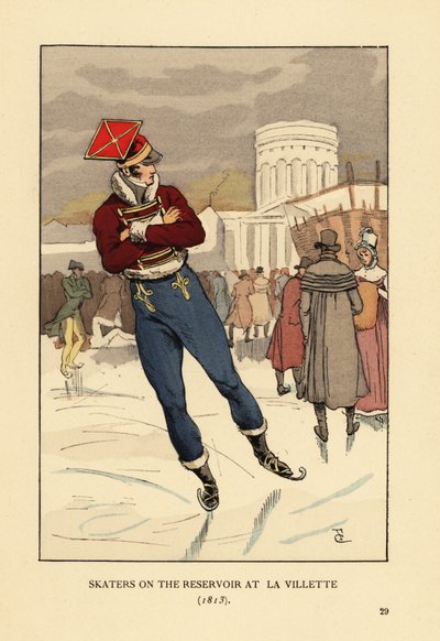 Lancer e cavalheiros patinando no gelo no Bassin de la Villette, Paris de François Courboin