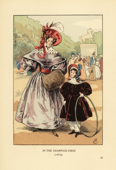 Mulher e criança com arcos a brincar no parque. Nos Campos Elísios de François Courboin