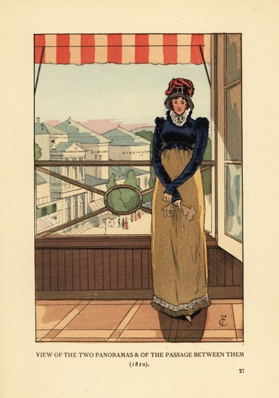 Mulher à janela com vista para o Panoramas e a Passage des Panoramas, na Boulevard Montmartre, Paris de François Courboin