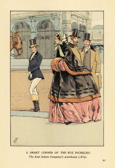 Mulher com capa forrada de pelo e muff sobre uma crinolina larga, com outra mulher em desgaste para cavalgar. Um canto inteligente da rue de Richelieu, o armazém da Companhia das Índias Orientais, Paris. de François Courboin