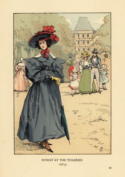 Mulher a desfilar no domingo Melhor do parque. Veste um chapéu de aba larga, veste-se com as mangas cheias, botas de tornozelo e carrega um guarda-sol. Domingo no Jardim das Tuileries de François Courboin