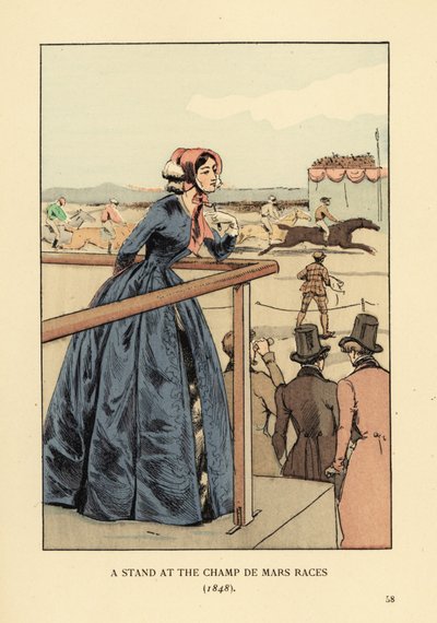 Mulher a ver a corrida de cavalos no Hipódromo Champ de Mars. Ela usa uma touca e um bico vermelho azul sobre um vestido de crinolina. Homens de cartola e cauda. Uma barraca nas corridas de Champ de Mars. de François Courboin