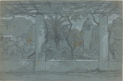 Um terraço e jardim em Capri [reto] de François Edouard Bertin