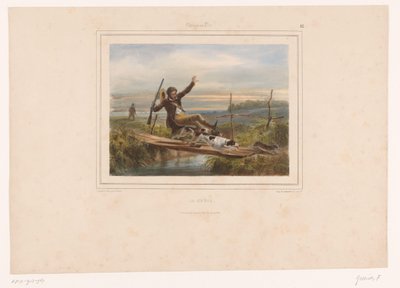 Hunter tropeça em uma ponte estreita La chûte (título no objeto) Caçadores com armas (título da série) Chasses au Tir (título da série no objeto) de François Grenier