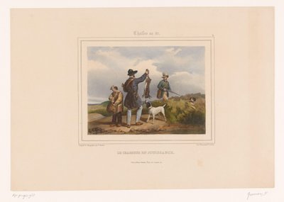 Hunter mostra a outro caçador sua lebre de tiro Le chasseur en jouissance (título no objeto) Caçadores com armas (título da série) Chasses au Tir (título da série no objeto) de François Grenier