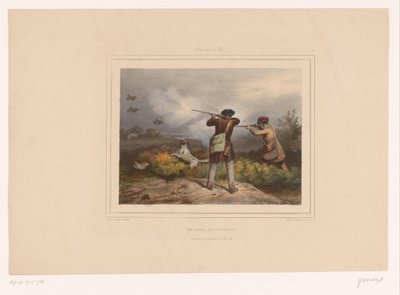 Dois caçadores atirando em perdizes Le jour de guignon (título no objeto) Caçadores com armas (título da série) Chasses au Tir (título da série no objeto) de François Grenier