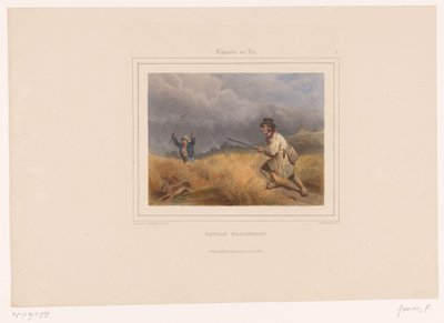 Dois caçadores furtivos perseguem uma lebre
Paysan braconnant (título sobre o objecto)
Caçadores com armas (título da série)
Chasses au Tir (título da série sobre o objecto) de François Grenier