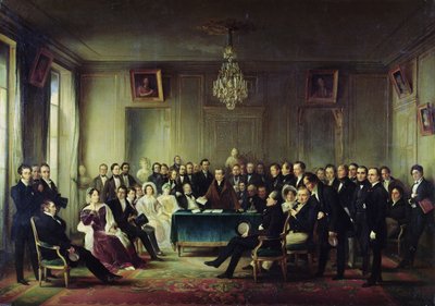 François Andrieux (1759-1833) Lendo sua tragédia &39;Junius Brutus&39; no foyer da Comédie Française, 26 de maio de 1828, 1847 (ver também 216914) de François Joseph Heim