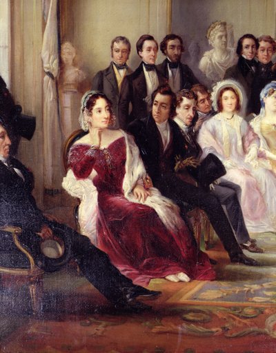 Francois Andrieux (1759-1833) Lendo sua tragédia Junius Brutus no foyer da Comédie Française, 26 de maio de 1828, 1847 (detalhe de 216914) de François Joseph Heim