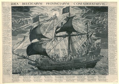 O Navio do Estado, 1620 Alegoria do estado feliz do país após o sínodo de Dordrecht Idea Belgicarum Provinciarum Confaederatarum (título no objeto) de François Schillemans