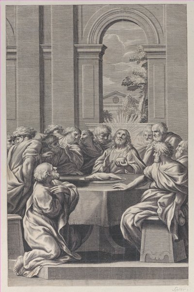 A Última Ceia, o interior de um edifício clássico com assento de Cristo e seus apóstolos..., 1660-81. de François Spierre