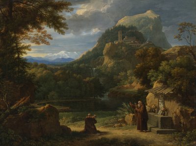 Santo António de Pádua apresenta dois noviços aos frades numa paisagem montanhosa de Francois Xavier Fabre