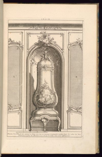 Desenho de um fogão de terra vitrificada em branco… de forma diferente de François de Cuvilliés the Elder