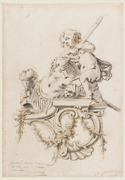 Projeto para um suporte esculpido com Putto acompanhado dos atributos de guerra, para o Grand Trianon, Versalhes de François de Cuvilliés the younger