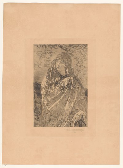 Mulher jovem com xale floral de François de Meersman (signed by artist)