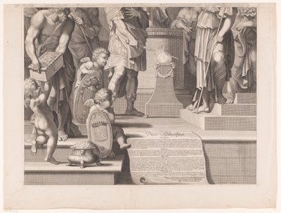 Marte coloca a sua espada nas chamas em frente de um templo (parte inferior) de François de Poilly (I)