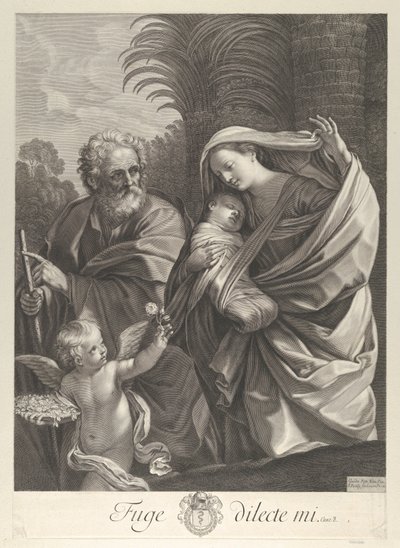 A Fuga para o Egito, a Sagrada Família caminhando junto, São José apontando para o..., c. 1648-81. de François de Poilly